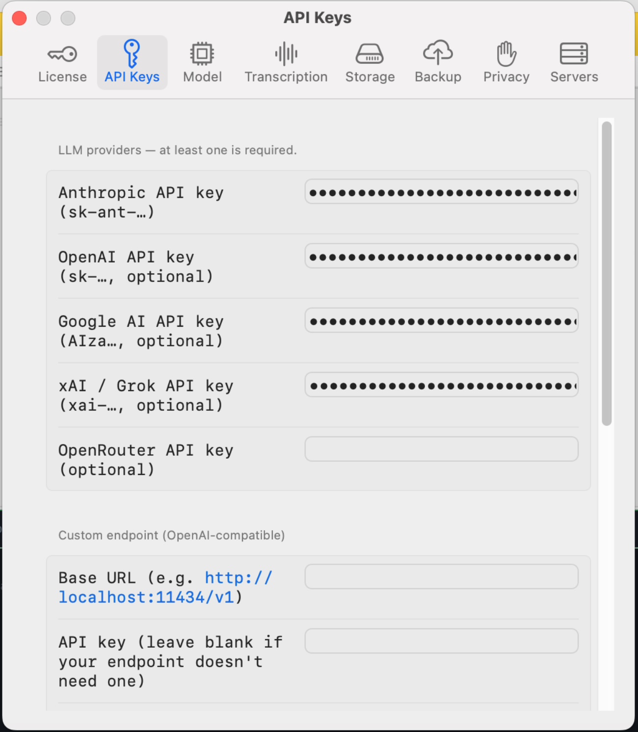 API keys settings